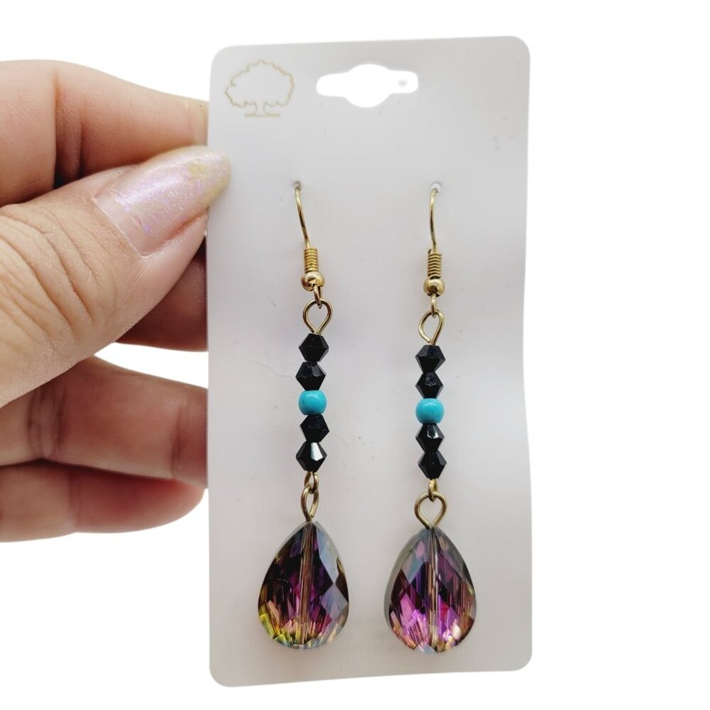 Pair of Chinese Crystal Beaded 2.75" Long Drop Dangle Earrings Black Blue Purple